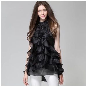 🌸 Black Layered Ruffle Organza Top